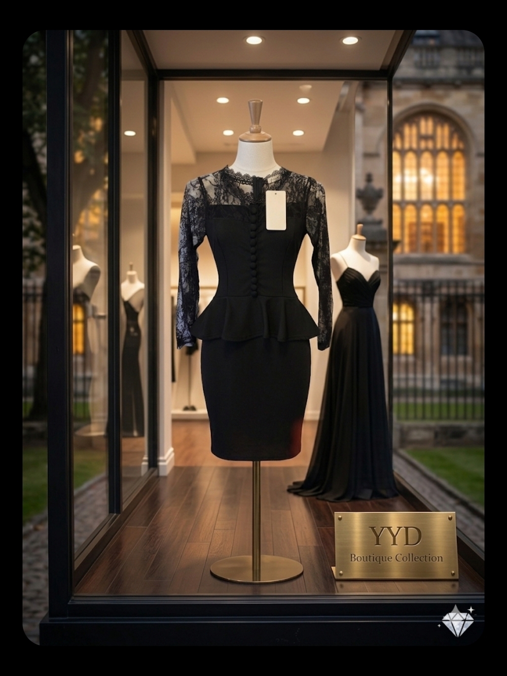 Elegant Black Peplum Ribbed Dress with Sheer Lace Sleeves - Size Small